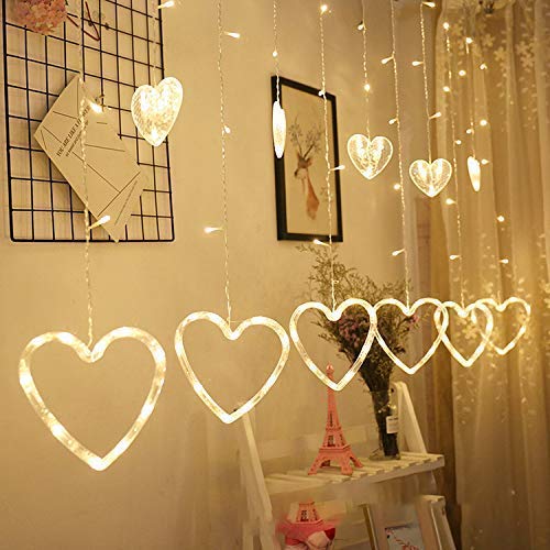 LED Heart Shape Curtain String Lights with 8 Flashing Modes Decoration (12 Hearts, Warm White).